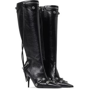 New Vomira Womens 8 Black Faux Leather Silver Stud Knee High 5" Heel Boot Shoes